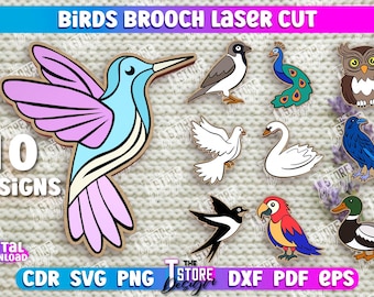 Conjunto de Broches de Madeira com Pássaros Cortados a Laser, Alfinetes para Broches, Alfinetes para Suéteres Cortados a Laser, Decoração para Jaquetas, Arquivos CNC, Acessórios Cortados a Laser
