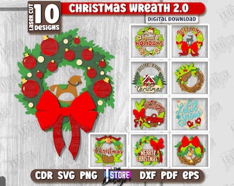 3D Christmas wreath laser cut bundle, Merry Christmas svg, Xmas signs svg, Christmas wall hangers, Xmas wreath laser cut, wooden wreath svg
