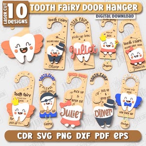 Könnte beinhalten: Eine Sammlung von zehn lasergeschnittenen Zahnfee-Türhängern. Jeder Hänger zeigt einen lächelnden Zahncharakter mit Flügeln, Hüten und Schleifen. Einige enthalten Namen wie Juliet, Oliver und Jessica. Das Design enthält den Text "Tooth Fairy Door Hanger".