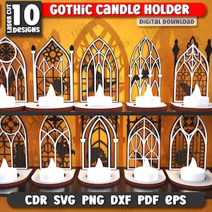May include: Ten laser-cut Gothic candle holders with a white and black design, each holding a white LED candle. The holders are arranged on a black shelf against a warm-toned background. The text "Gothic Candle Holder" and "Digital Download" are visible.