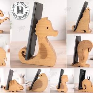 May include: Wooden phone holders in various animal shapes, including a seahorse, elephant, and snail. Each holder is designed to cradle a smartphone. The image also includes text that says "CUT READY FILE DIGITAL DOWNLOAD".