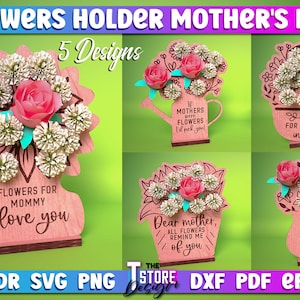 Flowers Holder Mother's Day Laser Cut SVG Bundle | Mother's Day  Holder SVG Design | Laser Cut Files | CNC Files