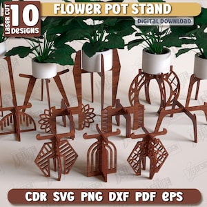 Peut inclure: Une collection de dix supports de pots de fleurs en bois découpés au laser, chacun avec un design unique. Les supports sont conçus pour du matériel de 6 mm. L'image comprend le texte "Flower Pot Stand" et "Digital Download".