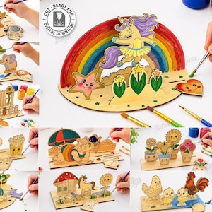 Puede incluir: Una colección de diez diseños de madera cortados con láser que presentan varios temas como un unicornio con un arcoíris, animales de granja, alimentos y escenas de jardín. Cada pieza tiene 3 mm de grosor e incluye formatos de archivo digital.