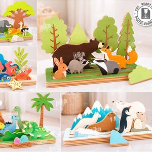 Trädjursscen SVG laserskuren - Barnpedagogisk leksaksdiorama - Skogs- och havsafari dinosaurie arktisk set - Montessorileksak Glowforge-filer