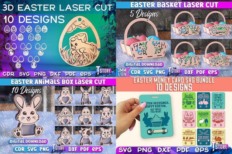 May include: A digital download of 30 laser cut designs for Easter. The designs include 3D Easter eggs, Easter baskets, Easter animal boxes, and Easter money cards. The designs are available in CDR, SVG, PNG, DXF, PDF, and EPS formats.