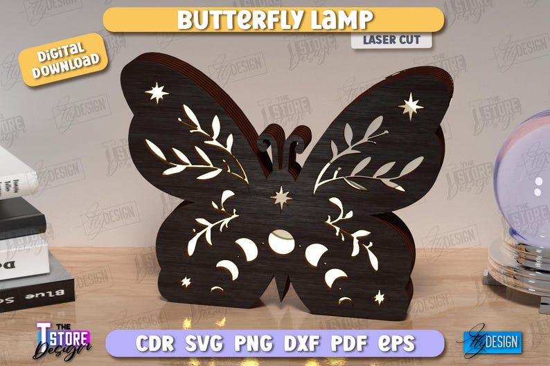 Butterfly Lamp Laser Cut Bundle, 3D Wooden Night Lights SVG, Mystical Design, Butterfly Art, Table Lamp, Celestial Lantern, Shadow Lamp SVG image 3