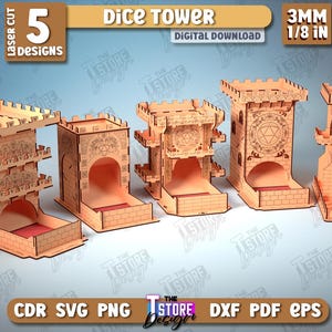 Dobbelstenen toren lasergesneden bundel, speltoren SVG, groot kasteel dobbelstenen toren bordspel, gegraveerde dobbelsteendoos, houten aangepaste dobbelstenen toren, kinderen lasergesneden