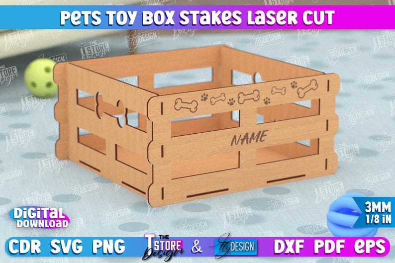 May include: Laser cut wooden toy box for pets. The box has a dog bone design and a space for a name. The box is 3mm thick.