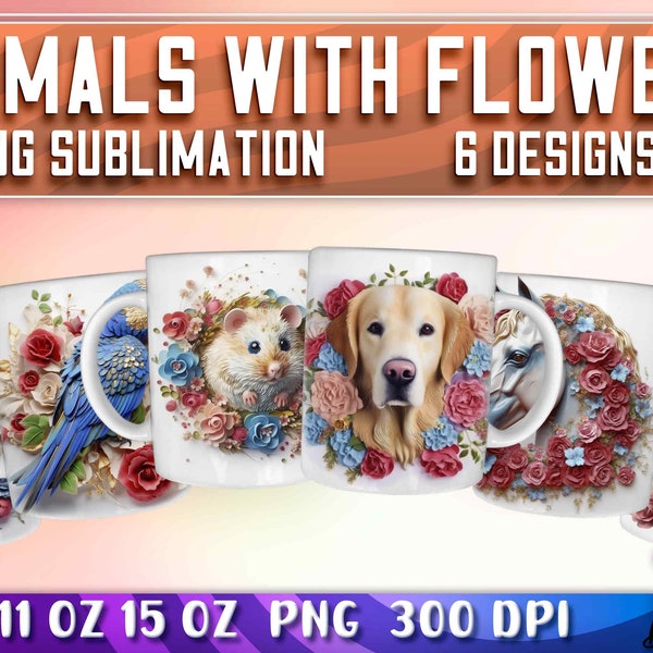 Animals with Flowers Fresco Mug Sublimation Bundle | 15 oz Mug Sublimation Design | Animals Sublimation Design 11 oz v.1