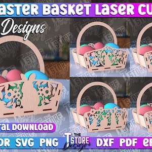 Paasmand Lasergesneden | Paascadeaumand Laser SVG | Vrolijk Pasen Paaseimandontwerp | Lasergesneden paasmandontwerp | konijn
