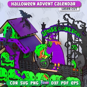 May include: A laser-cut Halloween advent calendar in green, purple, and black. The calendar features a spooky house, a witch, and a gate with the words "Spooky Countdown." The design includes bats, a cat, and numbers for each day.