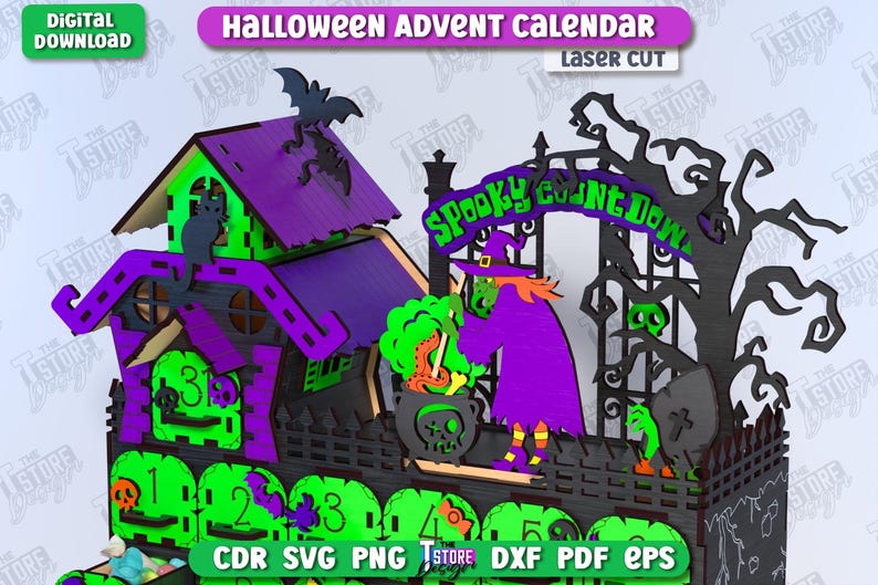 May include: A laser-cut Halloween advent calendar in green, purple, and black. The calendar features a spooky house, a witch, and a gate with the words "Spooky Countdown." The design includes bats, a cat, and numbers for each day.