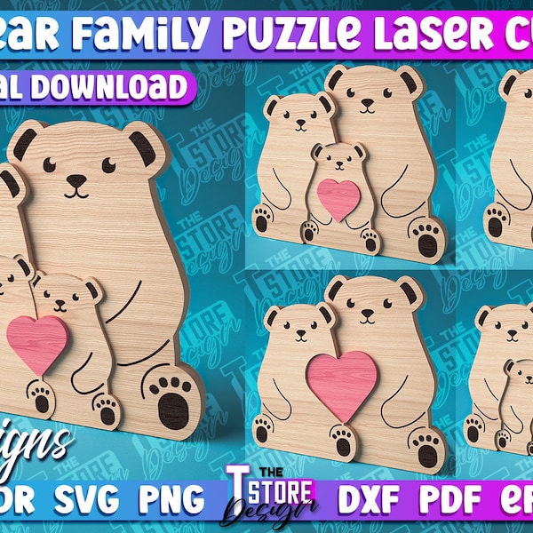 Bear Family Puzzle Laser Cut | Love SVG Design | Family Love Puzzle Laser Cut Files | SVG Design | Bear Family Puzzle Laser Cut