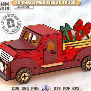 May include: A wooden, laser-cut 3D Christmas pickup truck. The truck is painted red with brown detailing and carries gifts with bows. The text "3D Christmas Pickup Truck" is displayed. The wood is 3mm thick (1/8 in).