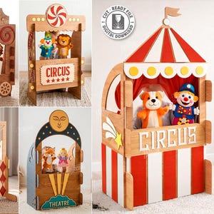 May include: Wooden laser-cut circus and theater toy designs. The designs include circus wagons, theater stages, and puppet shows. The circus designs feature a clown, lion, and a dog puppet. The theater designs include fox and princess puppets.