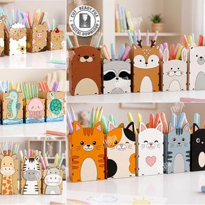 May include: A collection of laser-cut wooden pencil holders featuring various animal designs including cats, sea creatures, and forest animals. Each rectangular container holds colored pencils and is designed for 3mm material thickness.