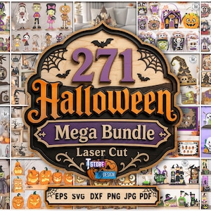 May include: A digital collection of 271 Halloween-themed laser cut designs featuring various characters like ghosts, pumpkins, and witches. The central graphic displays the text 271 Halloween Mega Bundle Laser Cut in purple and orange.