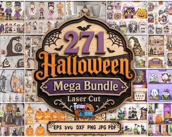 271 Halloween-Laserschnitt-Mega-Bundle, Halloween-Kerzenhalter, Süßigkeitenbox-Ständer, Kürbislaterne (SVG), Tarot-Untersetzer, Hängende Fledermaus, Hexen-Deko