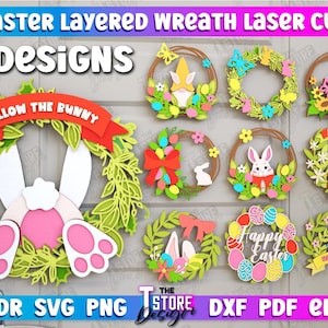 Easter bunny wreath lasercut bundle, happy easter svg, easter wreath svg, round easter layered wreaths lasercut, spring floral wreath svg