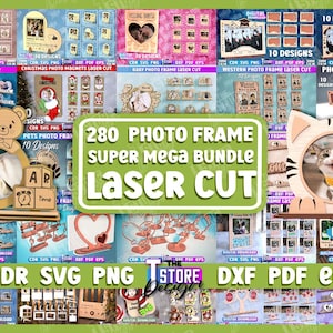 Puede incluir: Un collage de 280 diseños de marcos de fotos cortados con láser. Los marcos son de varias formas y tamaños, incluyendo corazones, círculos, cuadrados y rectángulos. Los diseños son perfectos para personalizar fotos y crear regalos únicos.