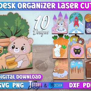 May include: A digital download of 10 laser cut desk organizer designs. The designs feature a variety of cute animal characters, including a bear, rabbit, cat, and dog. The designs are perfect for adding a touch of whimsy to your workspace.