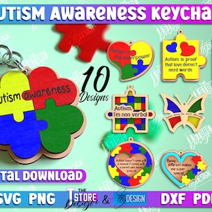 May include: Ten digital designs for autism awareness keychains. The designs feature puzzle pieces in various colors, including blue, green, red, yellow, and orange. Some designs include text such as "Autism Awareness", "Autism is proof that love doesn't need words", and "Autism. I'm non verbal".