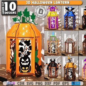 May include: A collection of 3D Halloween lanterns in various designs. The lanterns are laser cut from 3mm thick material and feature spooky themes like pumpkins, bats, and witches. The image includes the text "3D Halloween Lantern" and "10 Designs".