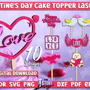 Valentines Day Cake Toppers Laser Cut Bundle, Valentine&#39;s Day Cupcake Topper, Valentine laser cut, Cake Decorations, Layered Wedding Topper