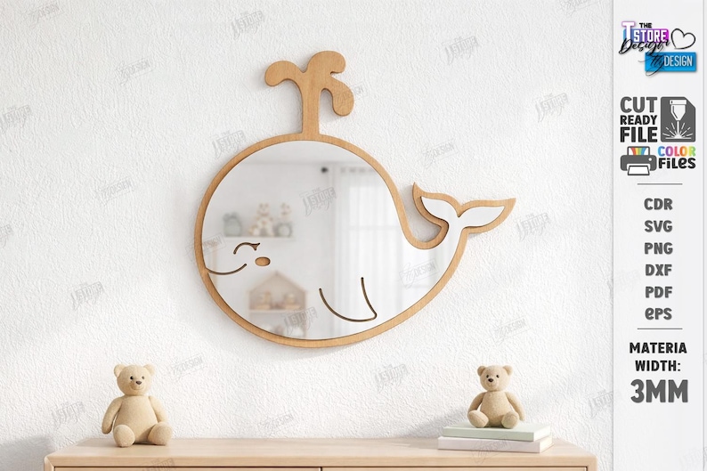 May include: A wooden whale-shaped mirror with a natural wood finish. The mirror has a round body, a tail, and a spout. The mirror is mounted on a white wall. The material width is 3mm.