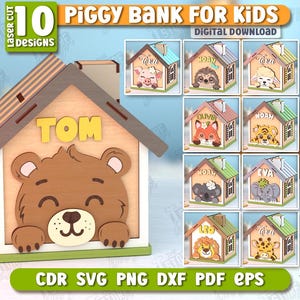 Huchas infantiles cortadas a láser, huchas personalizadas con nombre, hucha de animales, regalo para niños, decoración infantil, caja de ahorros, caja de dinero.