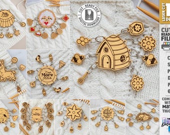 3d Wooden Knitting Stitch Markers laser cut bundle, knitting and crochet tool, embroidery svg, wood knitting accessories, gift for sewist