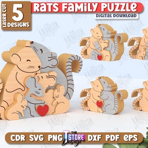 Quebra-cabeça de família de ratos cortado a laser, quebra-cabeça de família de madeira 3D, quebra-cabeça de amor familiar, quebra-cabeça infantil SVG, quebra-cabeças de animais fofos 3D, família de animais SVG