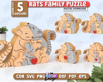 Ratten Familien Puzzle Laser Cut Bundle, 3D Holz Familien Puzzle, Familien Liebe Puzzle, Kinder Puzzle SVG, 3D niedlichen Tierpuzzles, Tierfamilie SVG