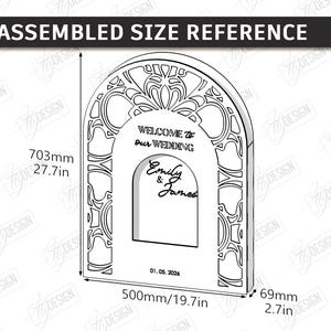 May include: A laser-cut wedding sign with an arched top, featuring the text "WELCOME to Our WEDDING", the names "Emily & James", and the date "01.05.2026". The sign is 27.7 inches tall, 19.7 inches wide, and 2.7 inches deep.