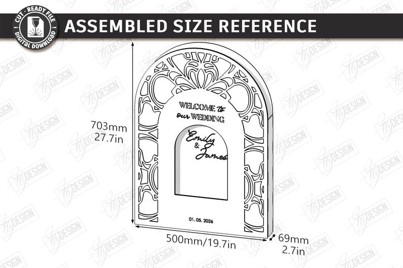May include: A laser-cut wedding sign with an arched top, featuring the text "WELCOME to Our WEDDING", the names "Emily & James", and the date "01.05.2026". The sign is 27.7 inches tall, 19.7 inches wide, and 2.7 inches deep.