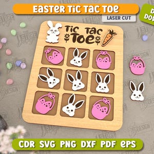 May include: A wooden tic-tac-toe game with an Easter theme. The game board has nine squares with images of bunnies and baskets. The title "Tic Tac Toe" is written above the board. The game is laser cut and ready to be assembled.