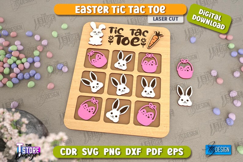 May include: A wooden tic-tac-toe game with an Easter theme. The game board has nine squares with images of bunnies and baskets. The title "Tic Tac Toe" is written above the board. The game is laser cut and ready to be assembled.