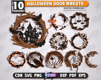 3Dハロウィンリースレーザーカットバンドル、ハッピーハロウィンサインSVG、不気味な家の装飾、壁掛けハンガー、お化け屋敷SVG、ハロウィンドアハンガーSVG