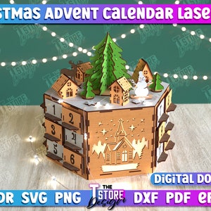 Christmas Advent Calendar Laser Cut Design, Wooden Advent Calendar SVG, Christmas Scene Laser Cut File, Christmas Decoration, Cnc File