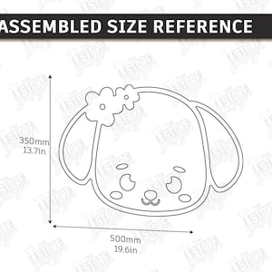 May include: A line drawing of a dog's face with a flower crown, labeled "ASSEMBLED SIZE REFERENCE". The dog's head is 19.6 inches wide and 13.7 inches tall.