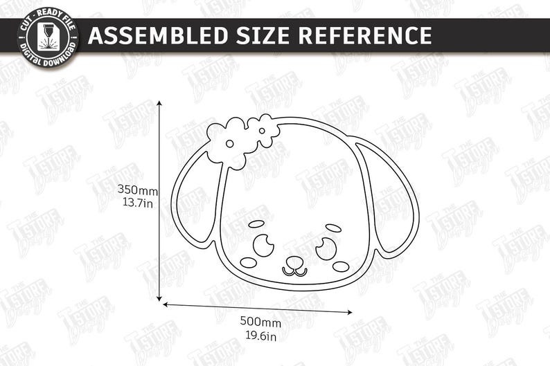 May include: A line drawing of a dog's face with a flower crown, labeled "ASSEMBLED SIZE REFERENCE". The dog's head is 19.6 inches wide and 13.7 inches tall.