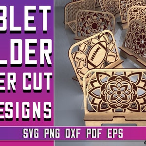 Può includere: Dieci progetti di supporti per tablet tagliati al laser. I progetti includono un tema calcistico, motivi di mandala e forme geometriche. I supporti sono in legno e sono pronti per essere assemblati.