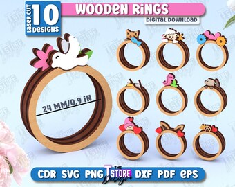 May include: Ten wooden rings with various animal designs, including a dove, fox, and sheep. Each ring is approximately 0.9 inches in diameter. The rings are laser cut and available as a digital download. The text "WOODEN RINGS" is displayed at the top.
