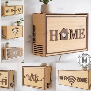 以下が含まれることがあります： HOME、FREE WI-FI、WI-FI ZONEなどのテキストを含む様々なデザインのレーザーカット木製壁掛けルーター収納ボックス10個セット。ボックスは厚さ3mmの素材で作られており、デジタルダウンロード用として提供されています。