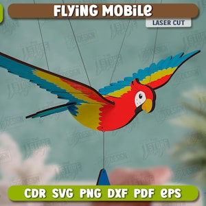 Hölzerner fliegender Papageienmobile Laserschnitt, hölzerner fliegender Mobiles svg, fliegendes Papageienspielzeug mit beweglichen Flügeln, kinderzimmerdekor, hölzerner fliegender Vogel svg