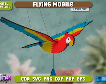 Hölzerner fliegender Papageienmobile Laserschnitt, hölzerner fliegender Mobiles svg, fliegendes Papageienspielzeug mit beweglichen Flügeln, kinderzimmerdekor, hölzerner fliegender Vogel svg