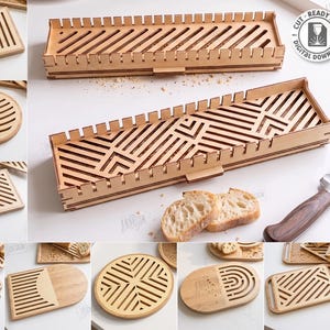 May include: A collection of ten laser-cut wooden bread slicing guides and boards featuring various geometric patterns, including rectangular, oval, and circular shapes. The designs include slotted surfaces for bread knives, with a material width of 3mm.