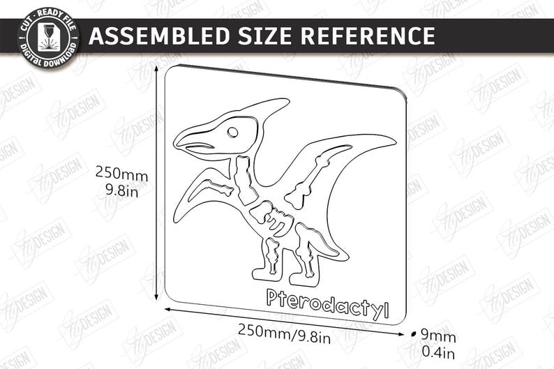 K&ouml;nnte beinhalten: Ein schwarz-wei&szlig;es Pterodactylus-Design mit den Ma&szlig;en 250 mm x 250 mm und 9 mm Dicke. Das Bild enth&auml;lt den Text "Assembled Size Reference" und "Pterodactyl".
