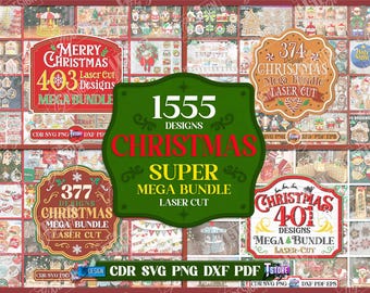 Könnte beinhalten: Eine Collage mit weihnachtlichen Designs, darunter Schilder mit Texten wie "Merry Christmas" und "Christmas Mega Bundle". Das zentrale Schild zeigt "1555 Designs Christmas Super Mega Bundle Laser Cut". Verschiedene festliche Bilder und Grafiken werden angezeigt.